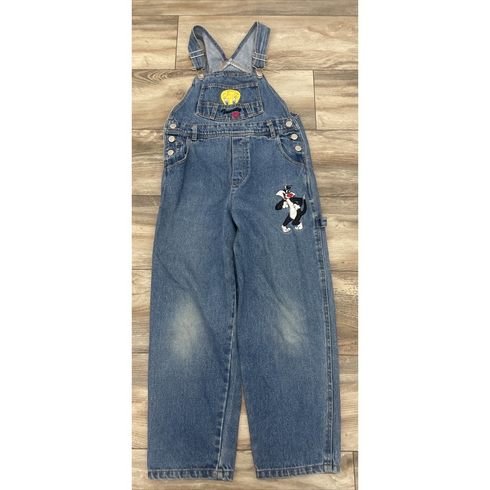 Vintage Looney Tunes Girls Size 8 Sylvester & Tweety Denim Overalls 80s